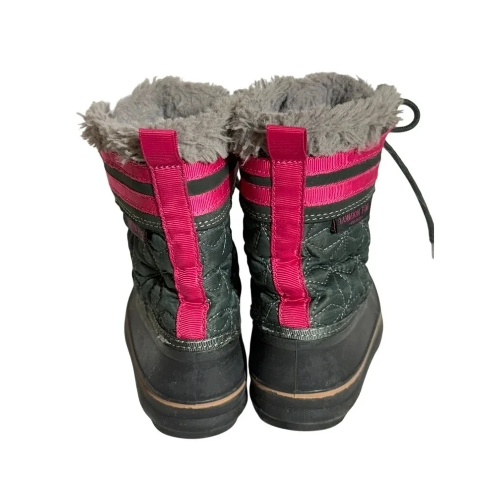 London Fog Girls Winter Snow Boots Gray Pink‎ Quilted Faux Fur Trim Waterproof